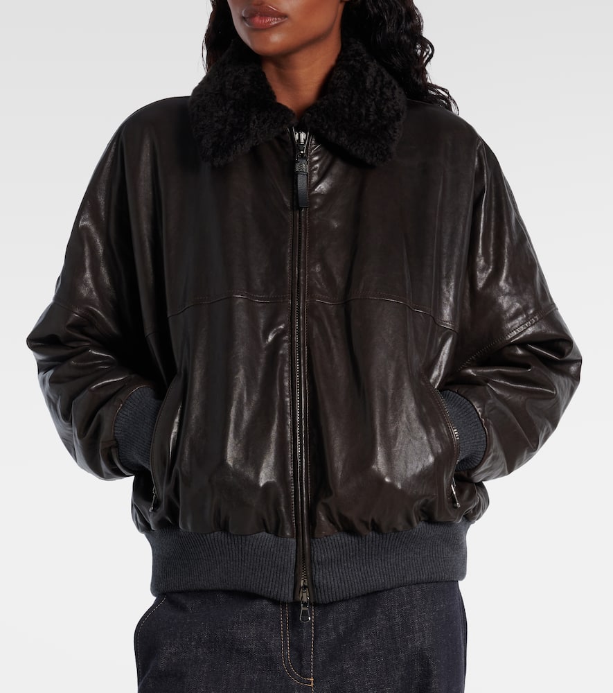 Brunello Cucinelli Women Removable Shearling Leather Aviator Bomber Jacket In Brown