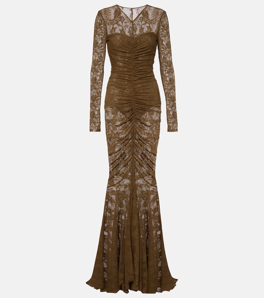 Norma Kamali Ruched Lace Gown In Green