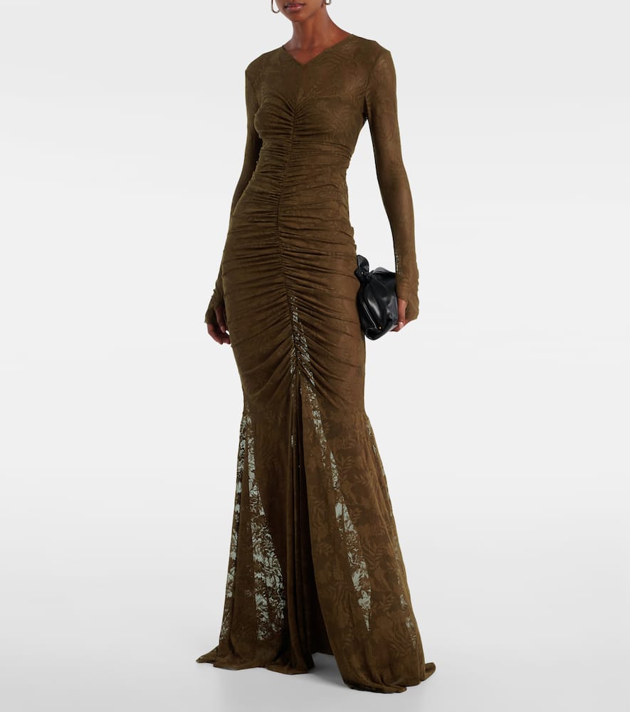 Norma Kamali Ruched Lace Gown In Green