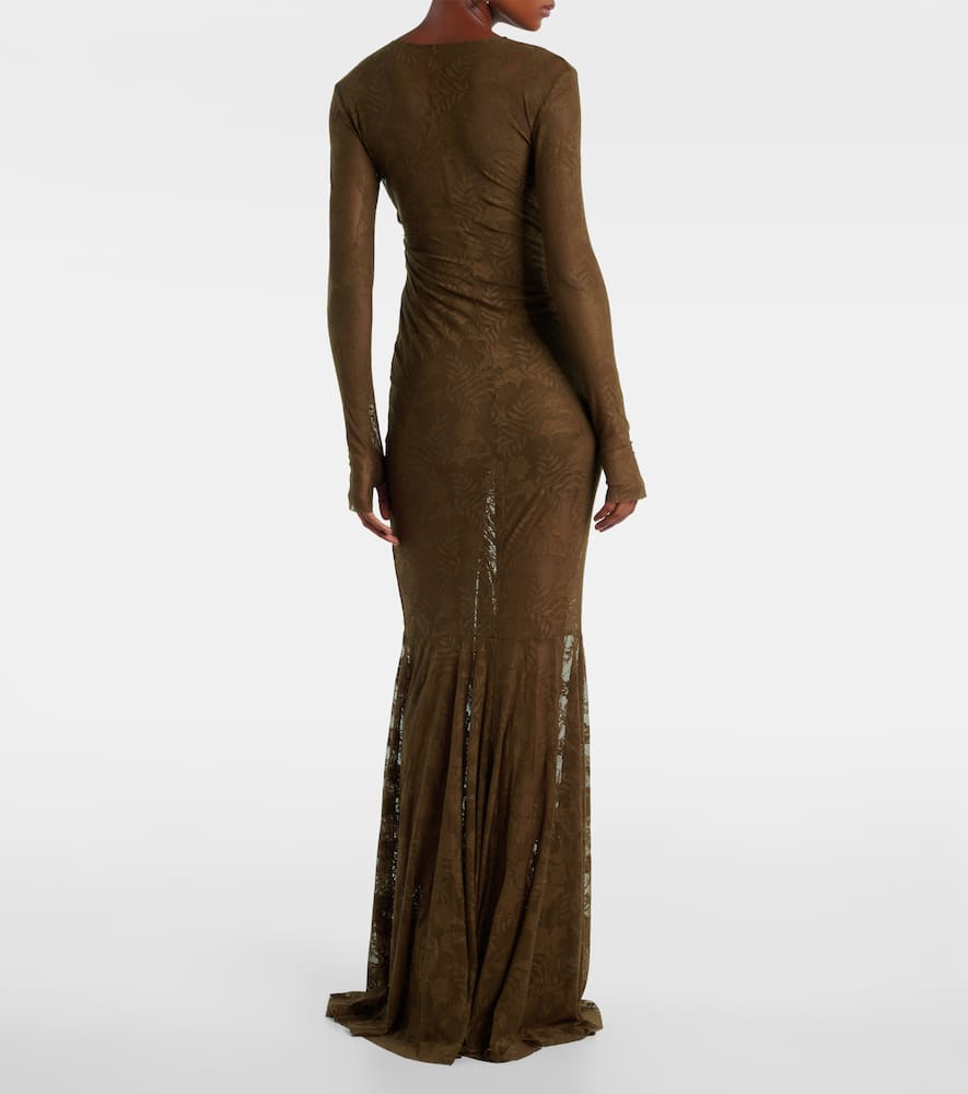 Norma Kamali Ruched Lace Gown In Green