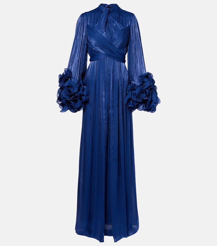 Costarellos Draped Ruffled Gown In Blue