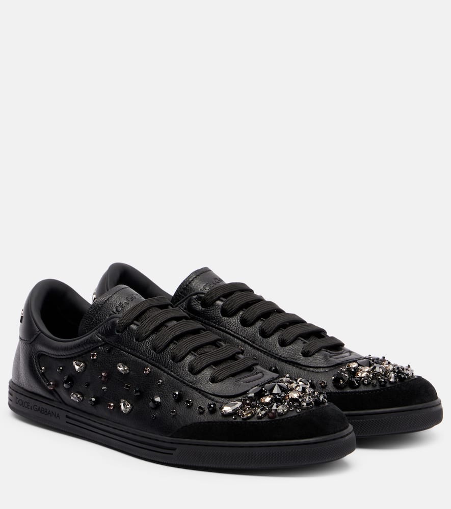 Dolce & Gabbana Saint Tropez Light Embellished Leather Sneakers In Black