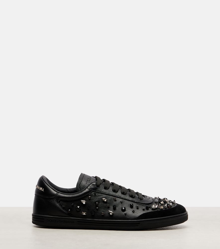 Dolce & Gabbana Saint Tropez Light Embellished Leather Sneakers In Black
