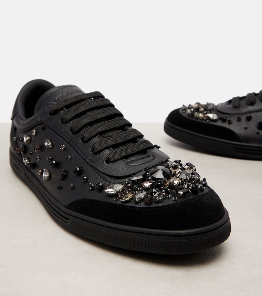 Dolce & Gabbana Saint Tropez Light Embellished Leather Sneakers In Black