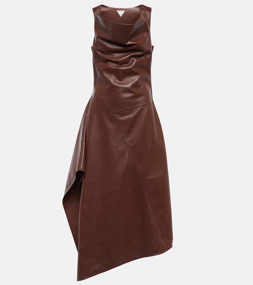 Bottega Veneta Asymmetric Draped Leather Midi Dress In Dark Cognac