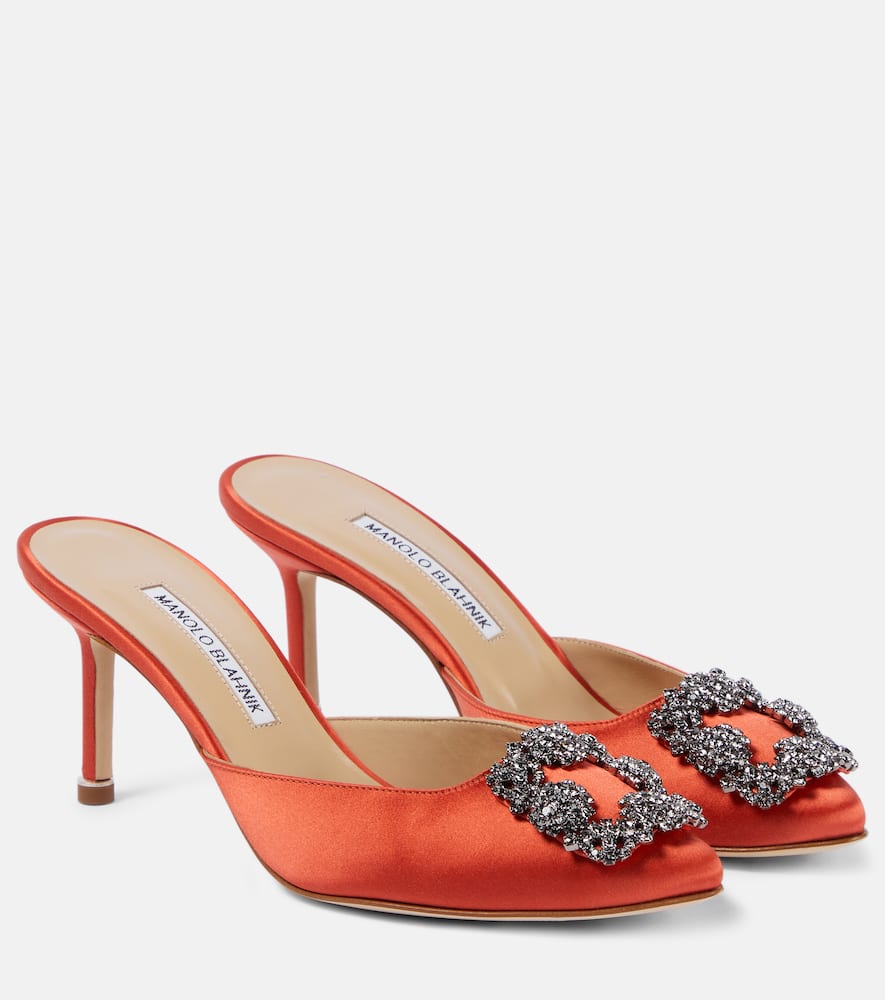 Shop Manolo Blahnik Hangisimu 70 Embellished Satin Mules In Orange