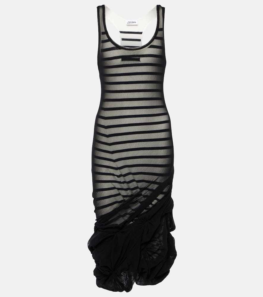 Shop Jean Paul Gaultier Gathered Marinière And Tulle Midi Dress In Navy/white/black