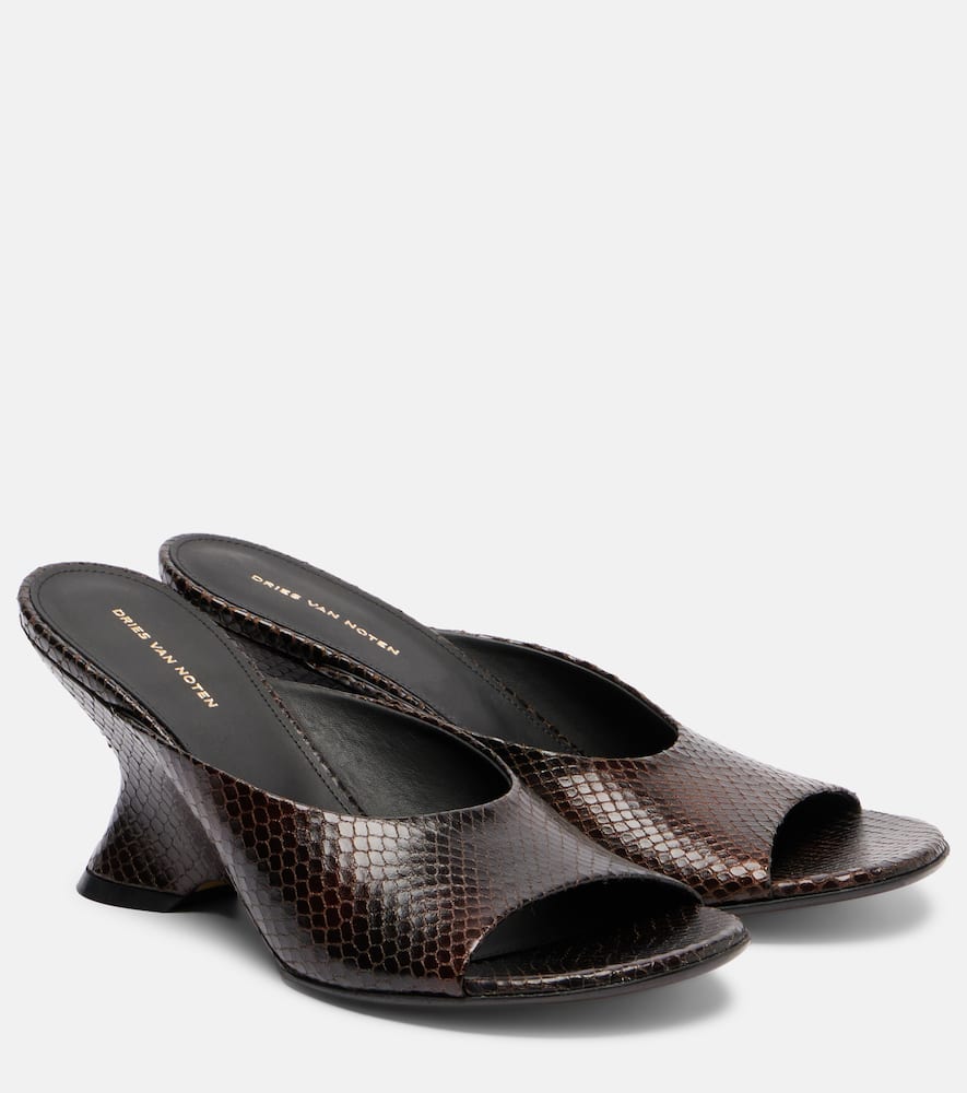 Dries Van Noten 75 Snake-effect Leather Wedge Mules In Brown