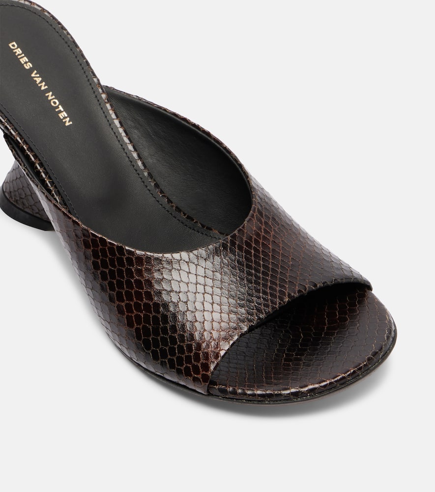 Dries Van Noten 75 Snake-effect Leather Wedge Mules In Brown