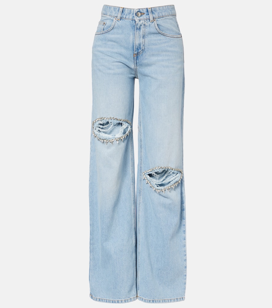 Area Distressed Crystal Trim Relaxed Slit Jeans In Blue