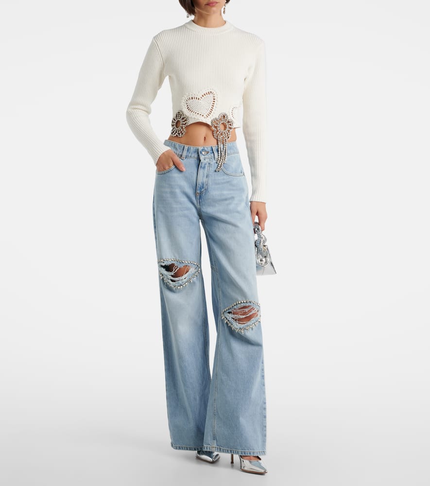 Area Distressed Crystal Trim Relaxed Slit Jeans In Blue