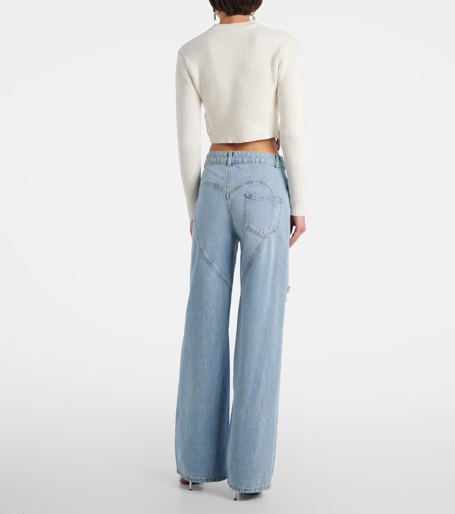 Area Distressed Crystal Trim Relaxed Slit Jeans In Blue
