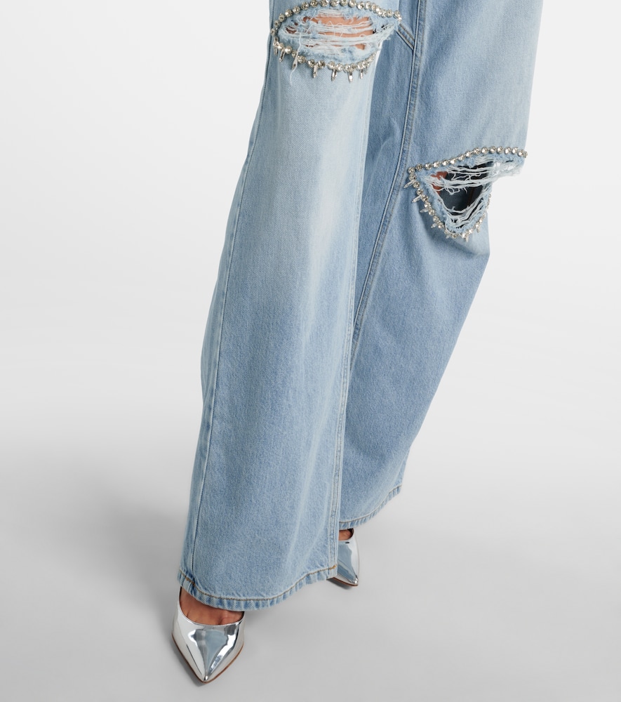 Area Distressed Crystal Trim Relaxed Slit Jeans In Blue