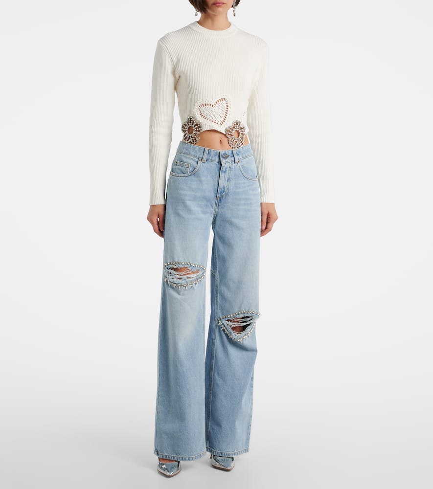 Area Distressed Crystal Trim Relaxed Slit Jeans In Blue