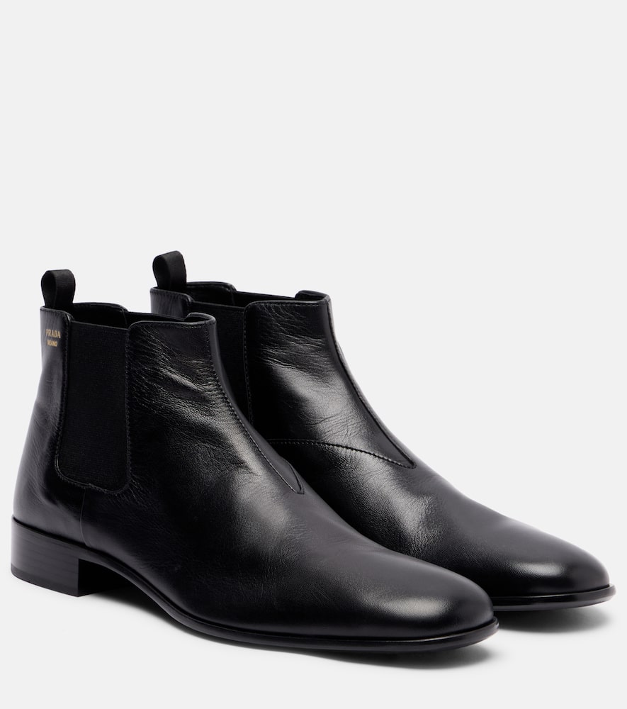 Prada Leather Boots With Logo Print In Black