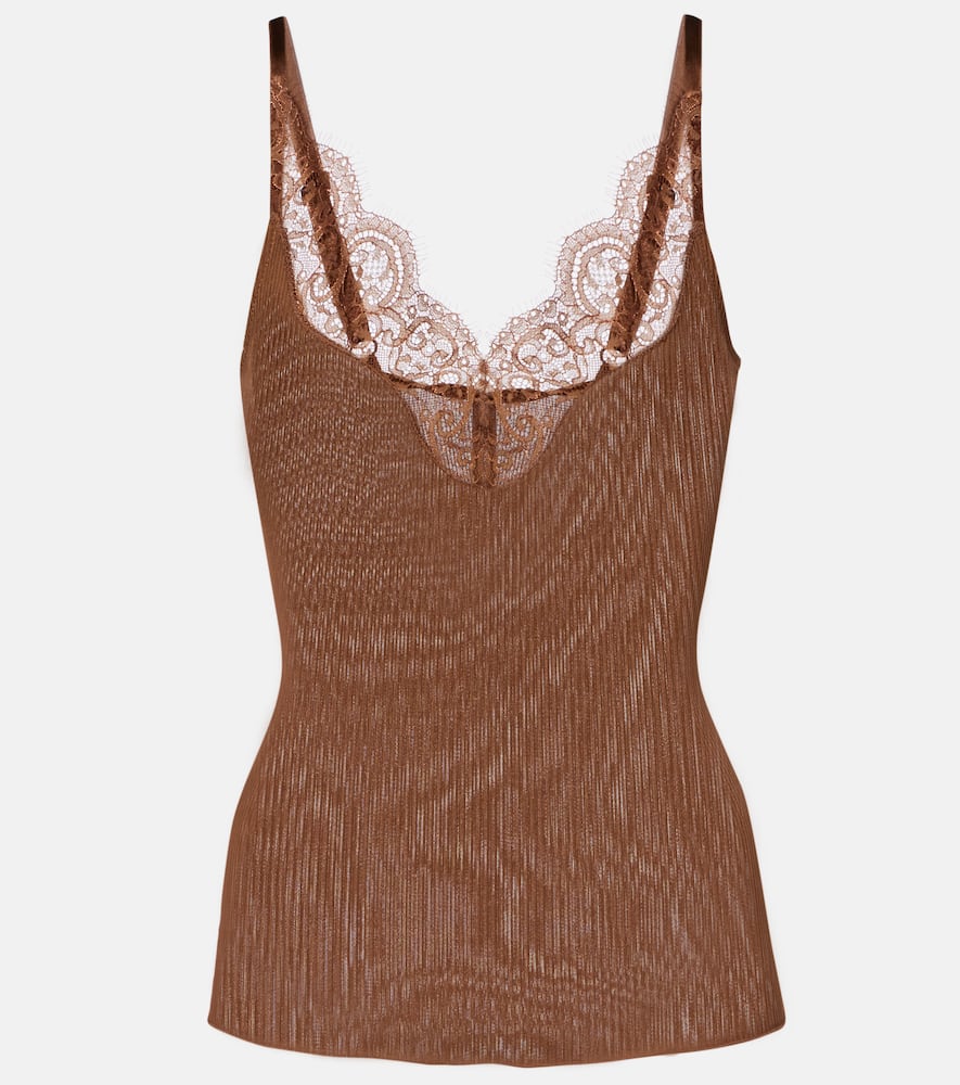 Saint Laurent Lace-trimmed Ribbed-knit Silk Tank Top In Brown