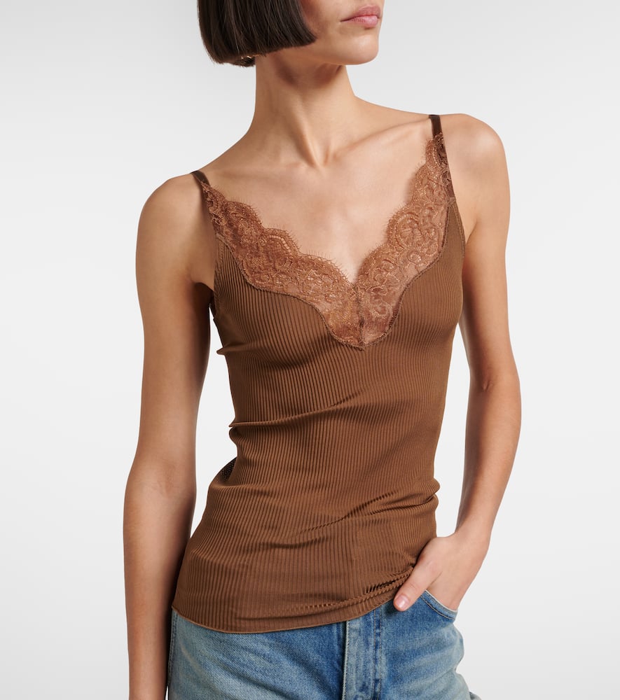 Saint Laurent Lace-trimmed Ribbed-knit Silk Tank Top In Brown