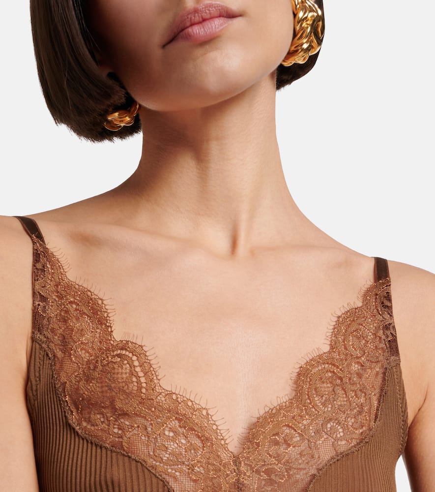 Saint Laurent Lace-trimmed Ribbed-knit Silk Tank Top In Brown