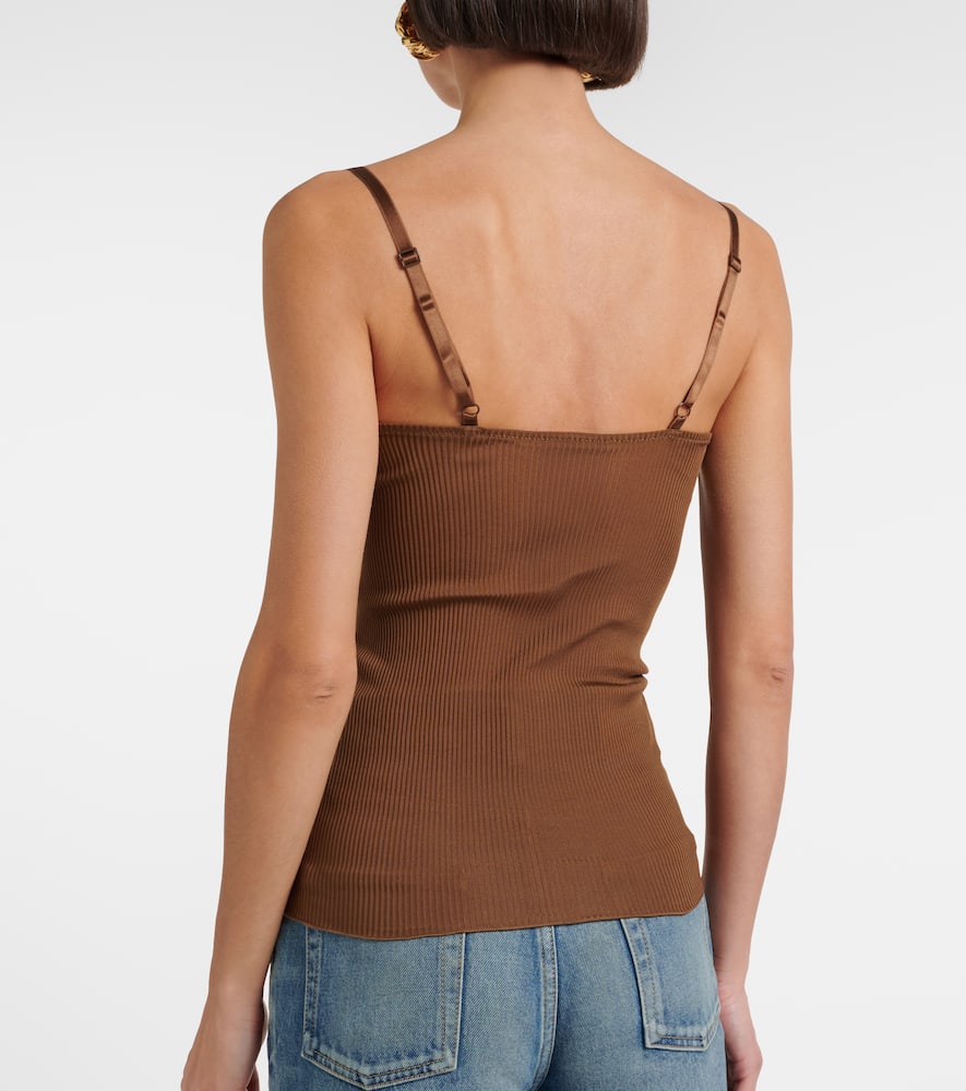 Saint Laurent Lace-trimmed Ribbed-knit Silk Tank Top In Brown