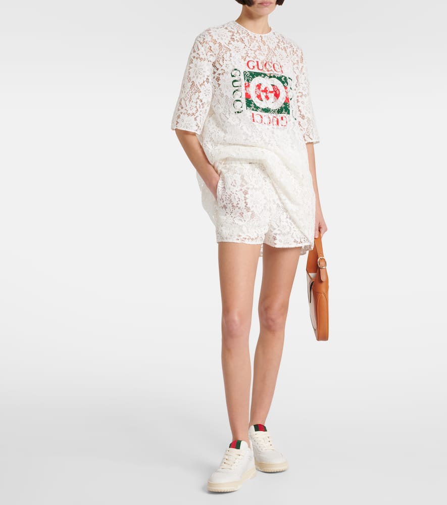 Shop Gucci High-rise Lace Shorts In White