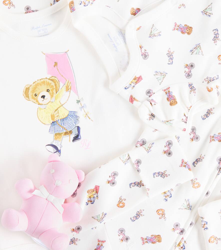 Polo Ralph Lauren Baby Onesie, Blanket, Teddy Bear, And 2 Bodysuits Set In Weiss