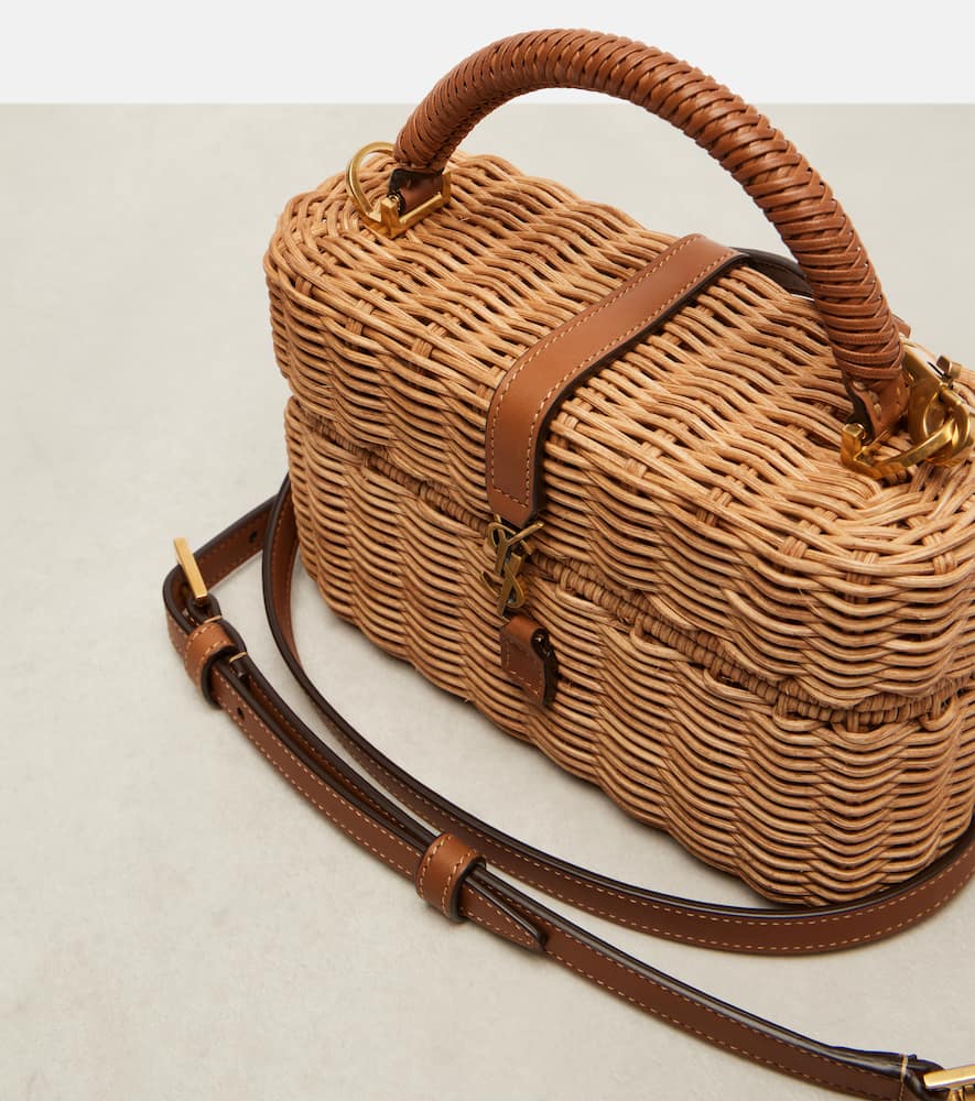 Saint Laurent Gaby Leather-trimmed Wicker Vanity Bag In Sand