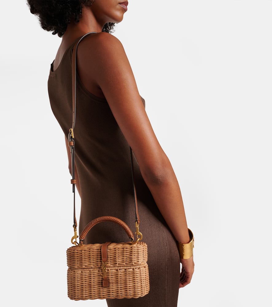 Saint Laurent Gaby Leather-trimmed Wicker Vanity Bag In Sand