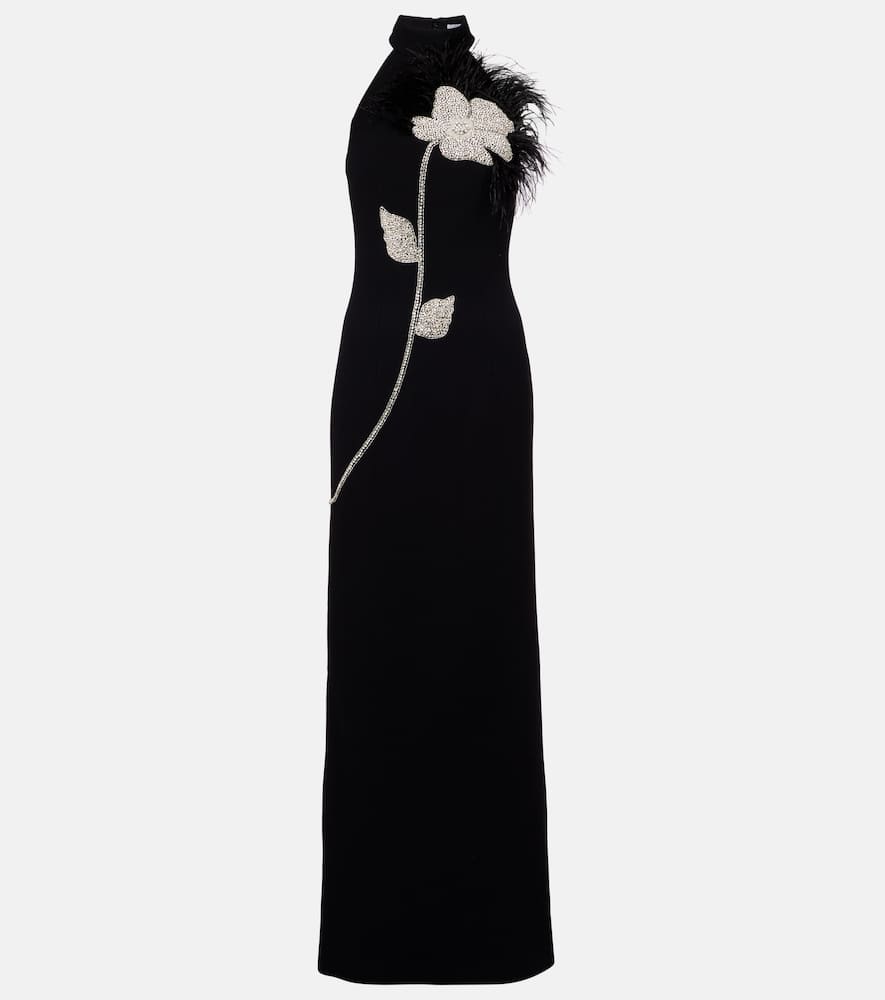 Starlight embellished feather-trimmed gown