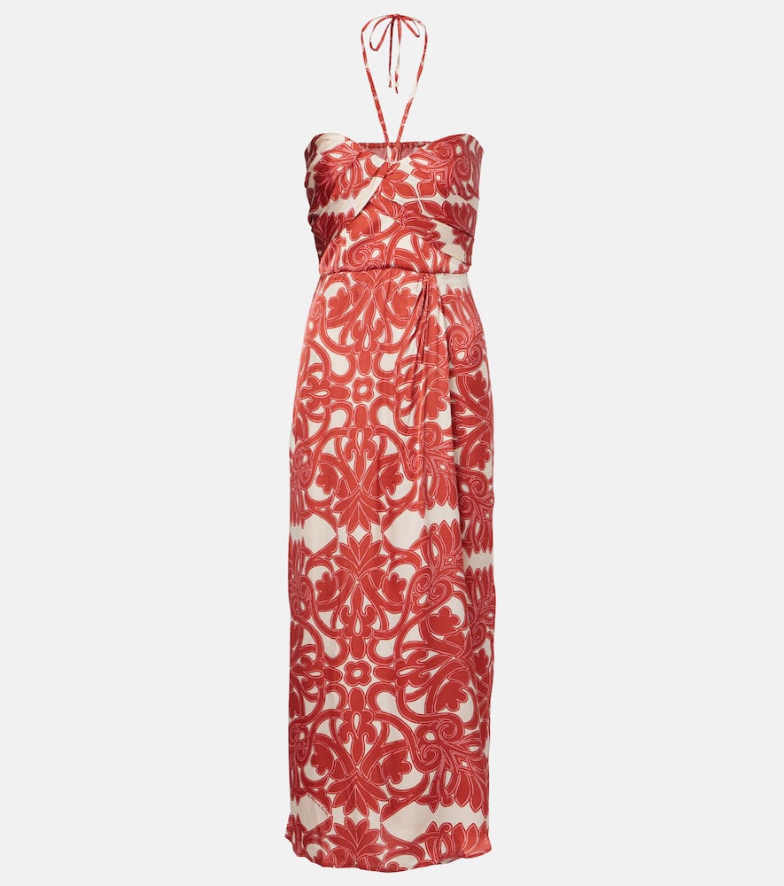 Poupette St Barth Collina Printed Satin Midi Dress In Red