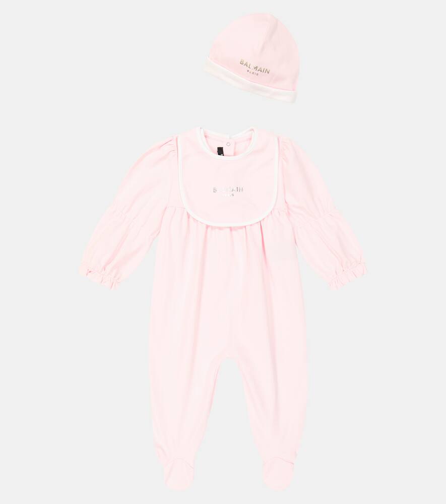 Balmain Baby Cotton Onesie, Bib, And Beanie Set In Pink