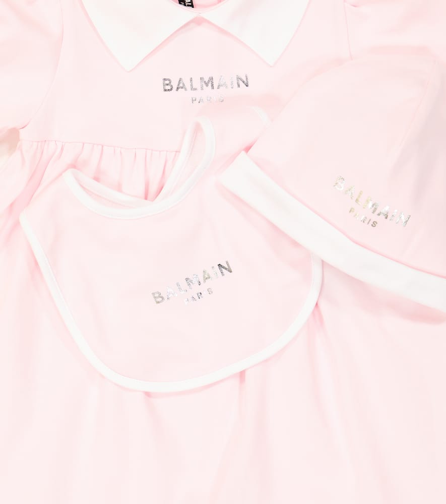 Balmain Baby Cotton Onesie, Bib, And Beanie Set In Pink