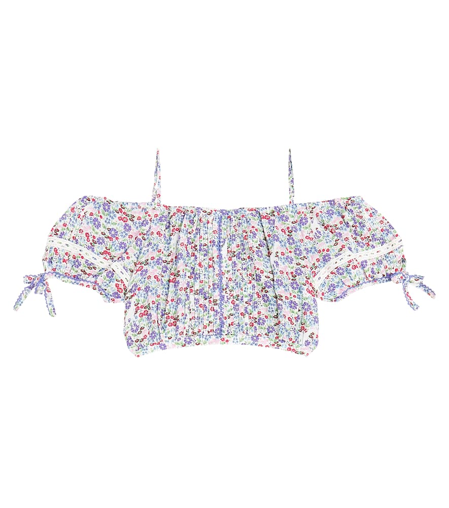 Shop Poupette St Barth Bonny Floral Pleated Crop Top In Blue