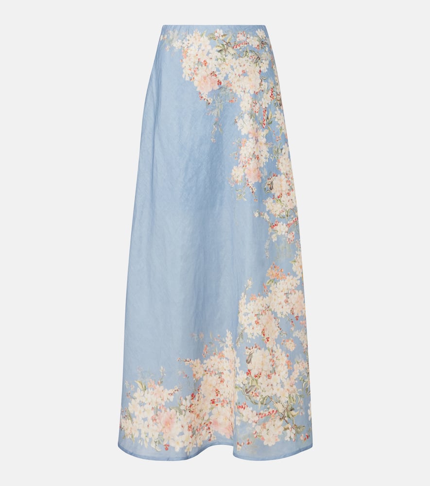 Zimmermann Womens Teal Blue Botanical Cascadian Bias Floral Linen Midi Skirt In Blue