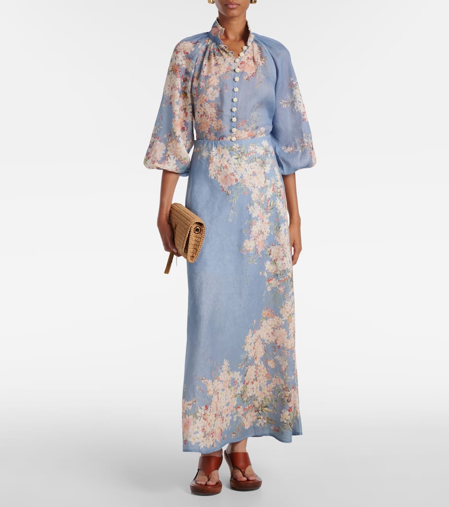 Zimmermann Womens Teal Blue Botanical Cascadian Bias Floral Linen Midi Skirt In Blue
