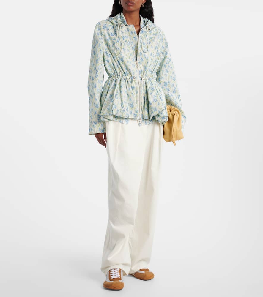 Loewe Floral Ruched Peplum Hooded Jacket In Blue