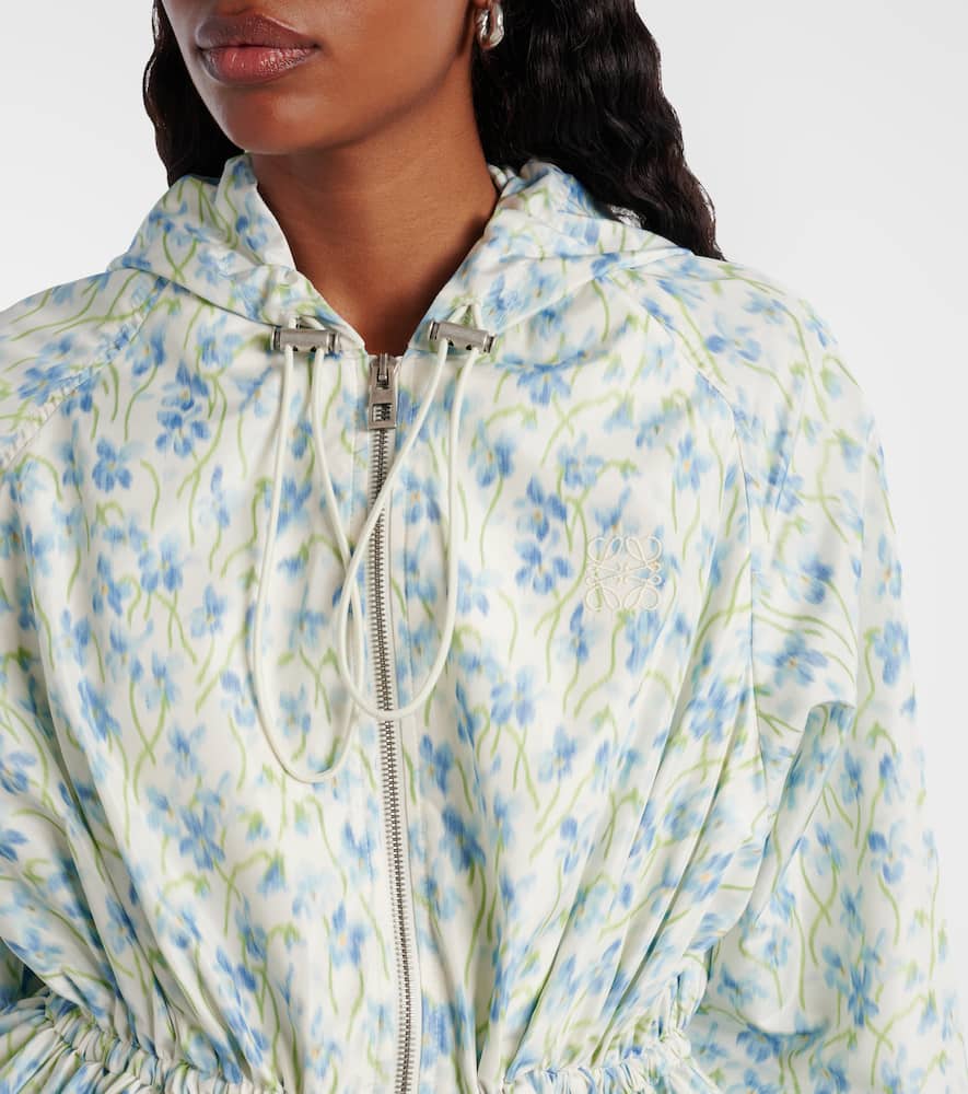Loewe Floral Ruched Peplum Hooded Jacket In Blue