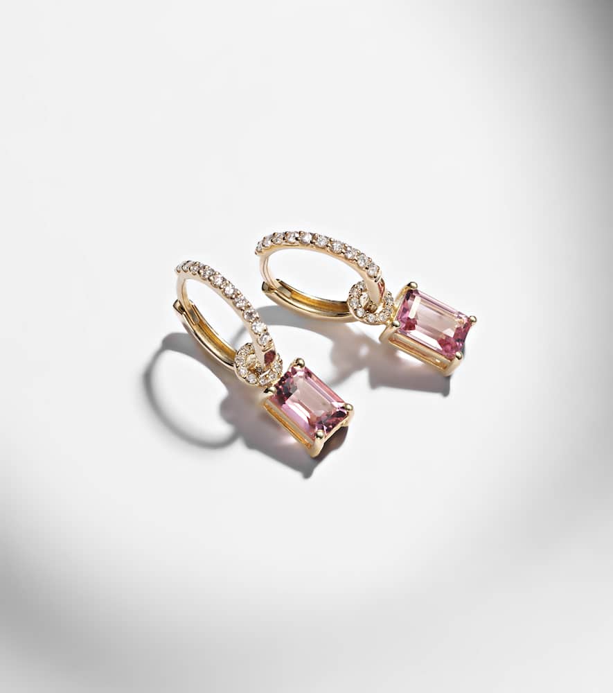 Stone And Strand 14kt Gold Huggie Earrings With Tourmaline And Diamonds In Gold