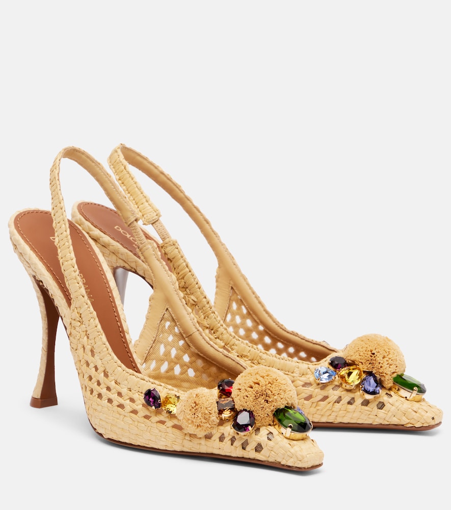 Dolce & Gabbana Embellished raffia-effect slingback pumps