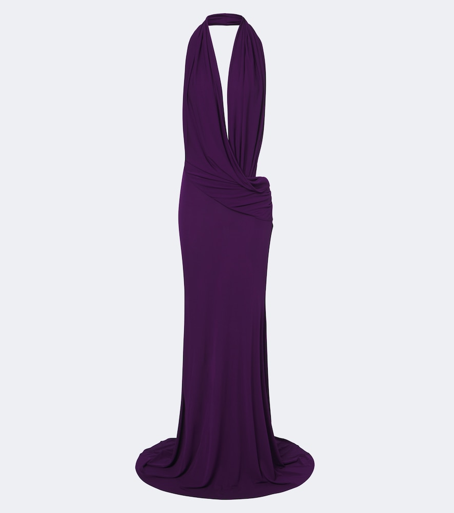 Alex Perry Draped Halterneck Jersey Gown In Purple