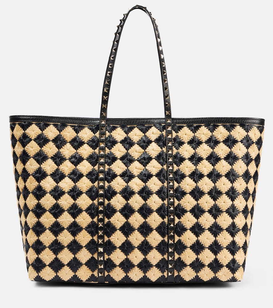 Valentino Women's Embroidered Raffia Rockstud Shopping Bag In Beige