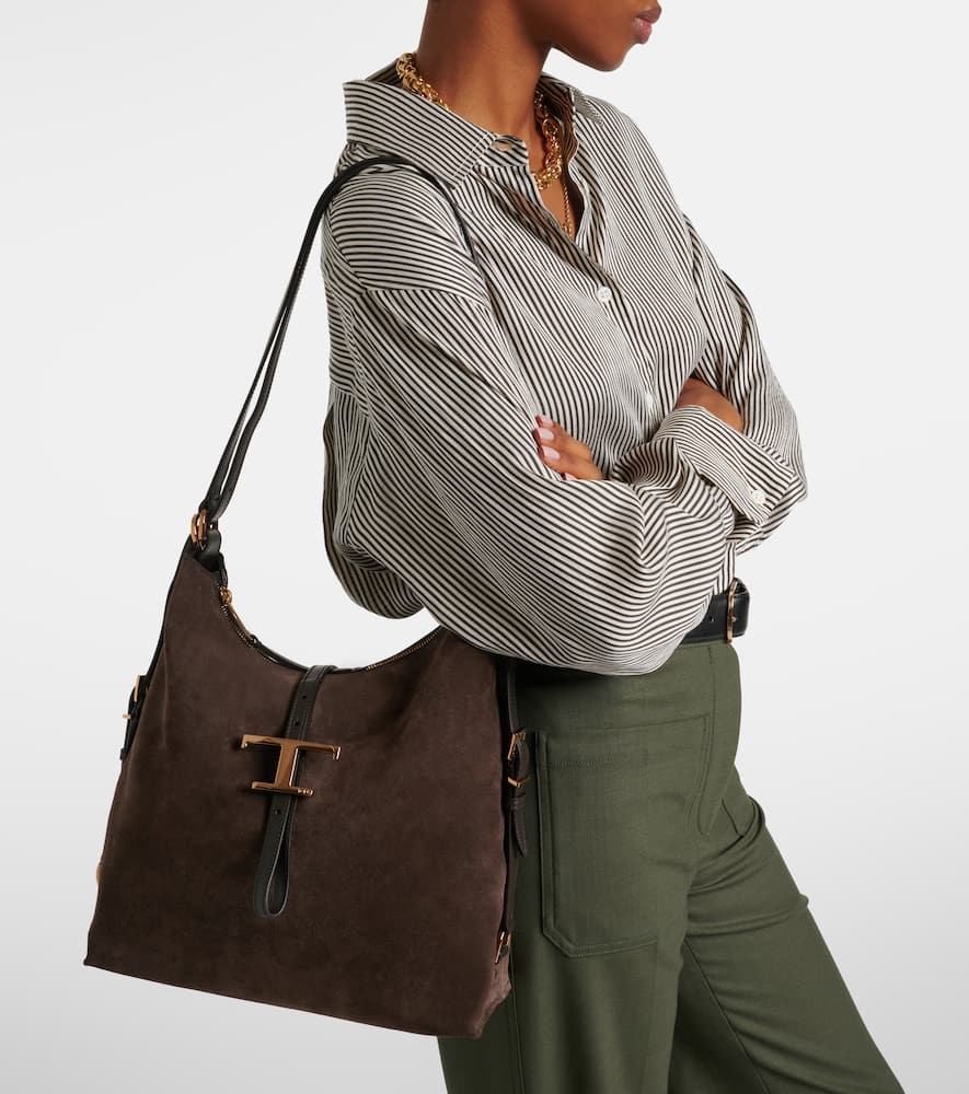 Tod's T Timeless Small Suede Tote Bag In Brown