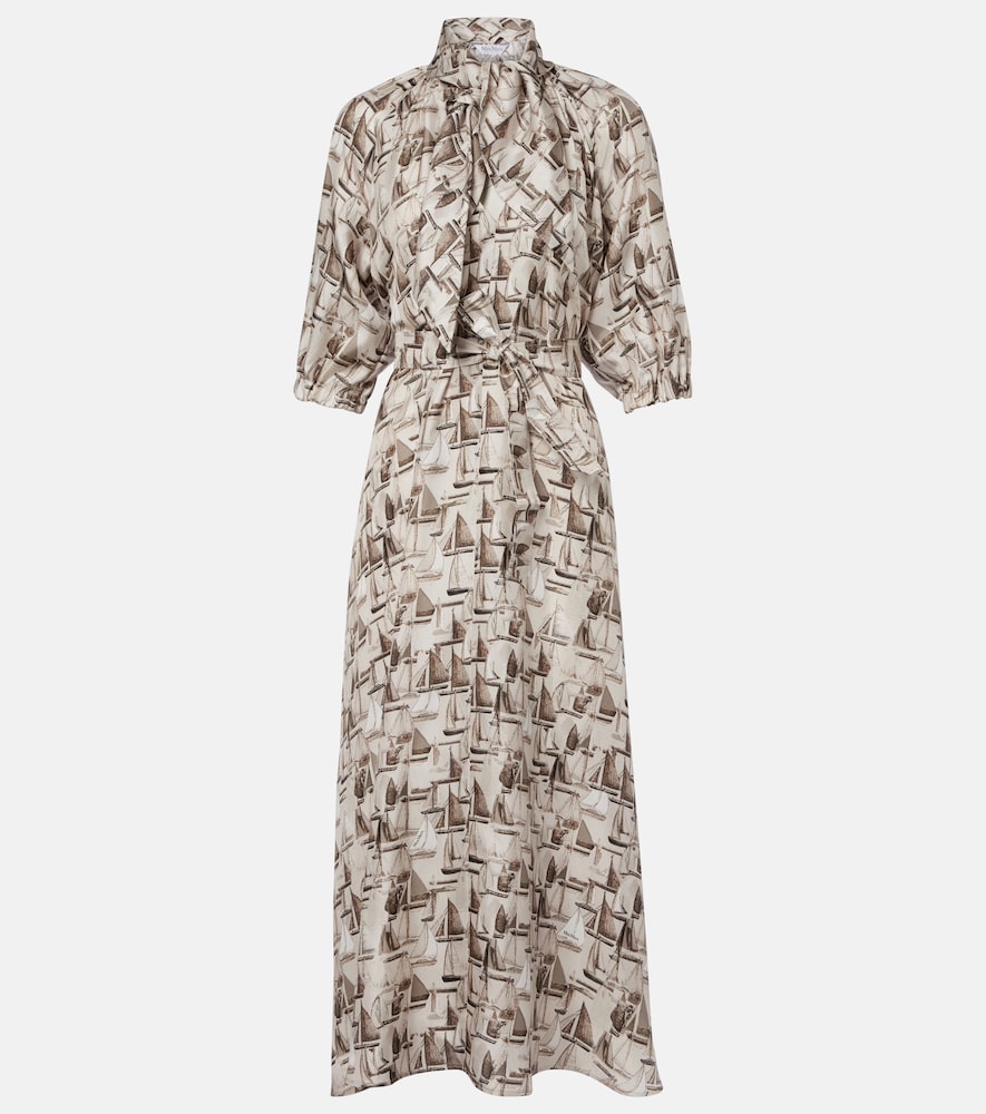 Max Mara Printed Tie-neck Silk Twill Midi Dress In Gray