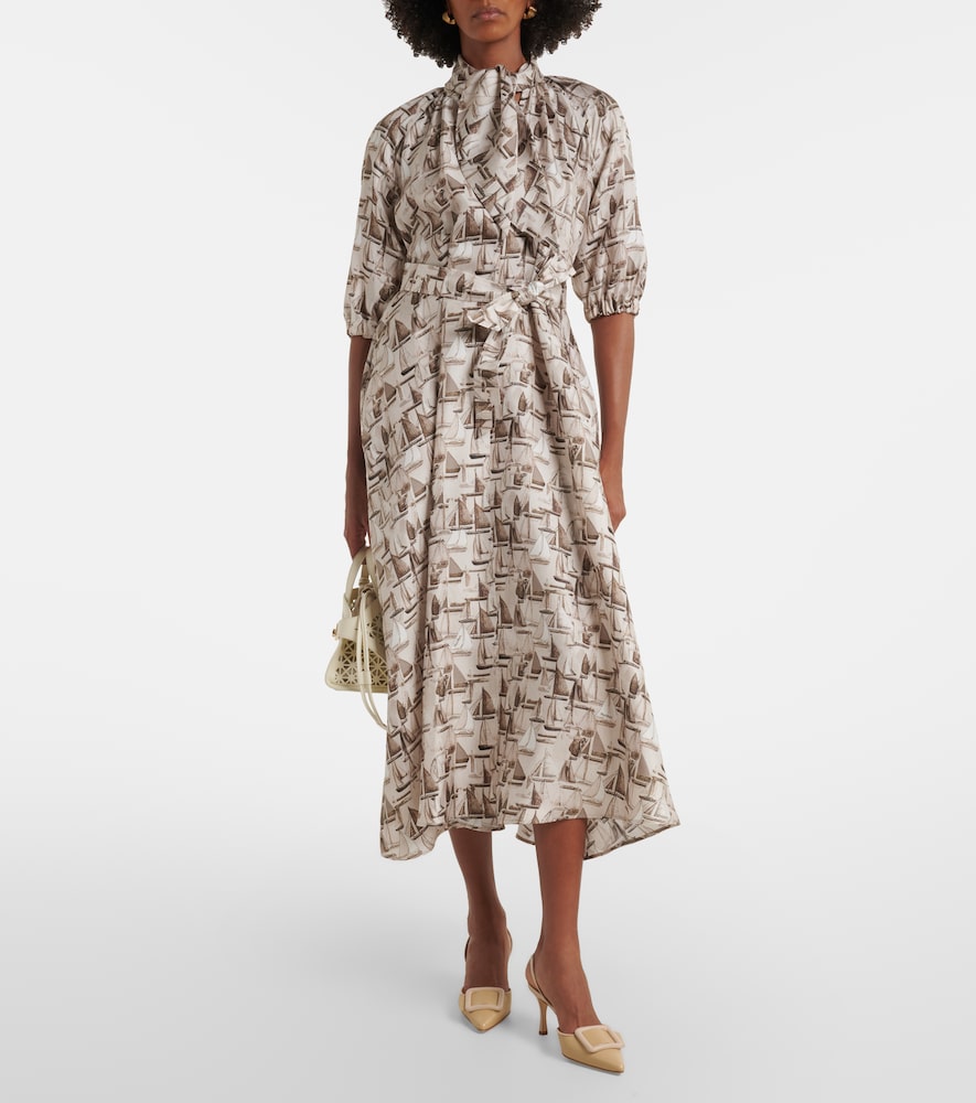 Max Mara Printed tie-neck silk twill midi dress