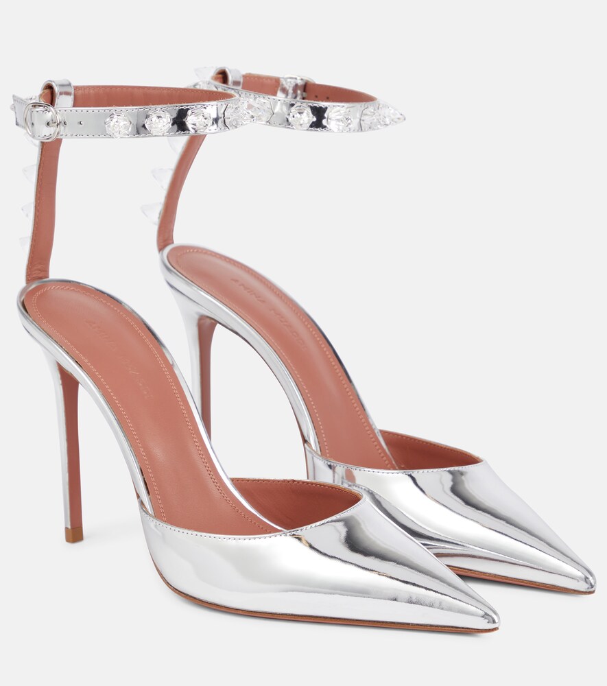 metallic silver ankle strap heels