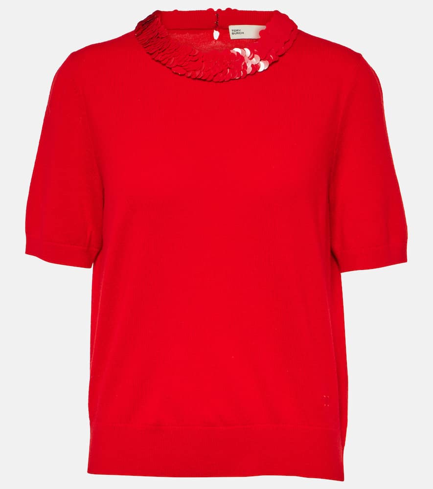 Shop Tory Burch Sequined Wool And Cashmere Sweater In Red