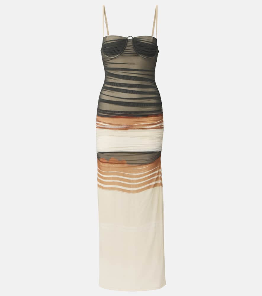 Sir Breeze Striped Ruched Mesh Midi Dress In Multicoloured