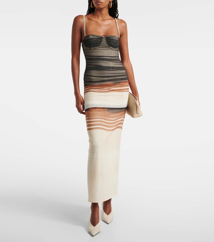 Sir Breeze Striped Ruched Mesh Midi Dress In Multicoloured