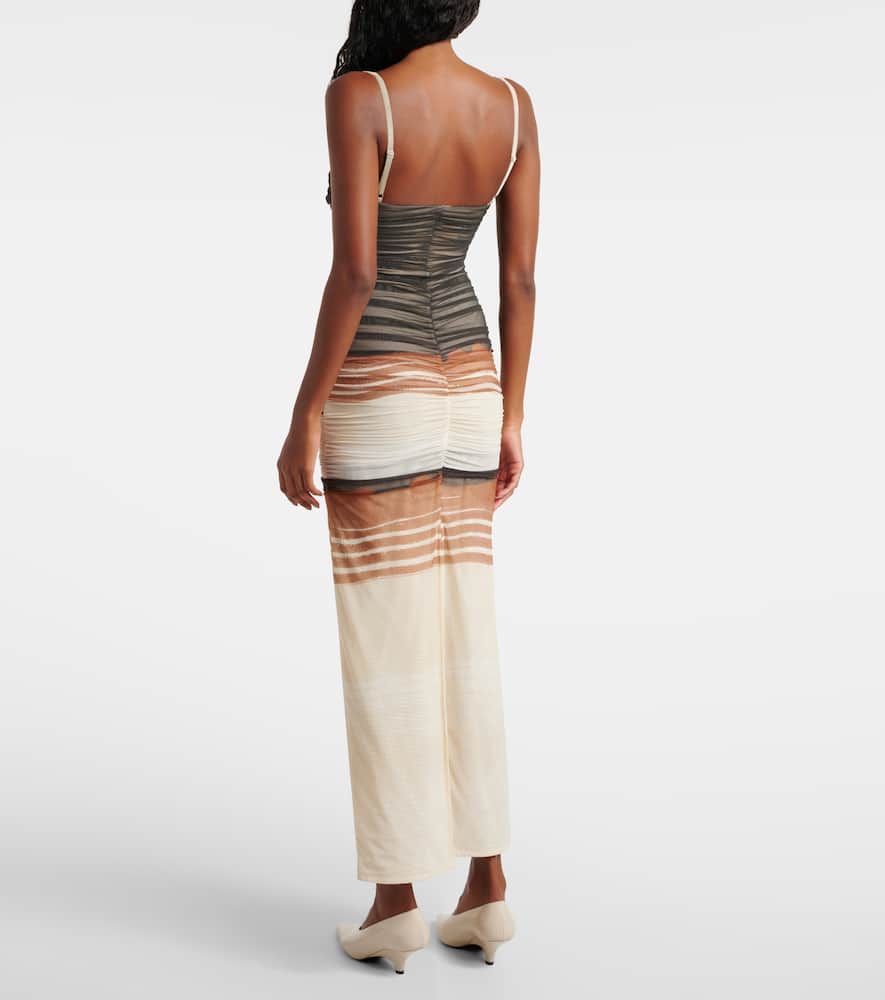 Sir Breeze Striped Ruched Mesh Midi Dress In Multicoloured