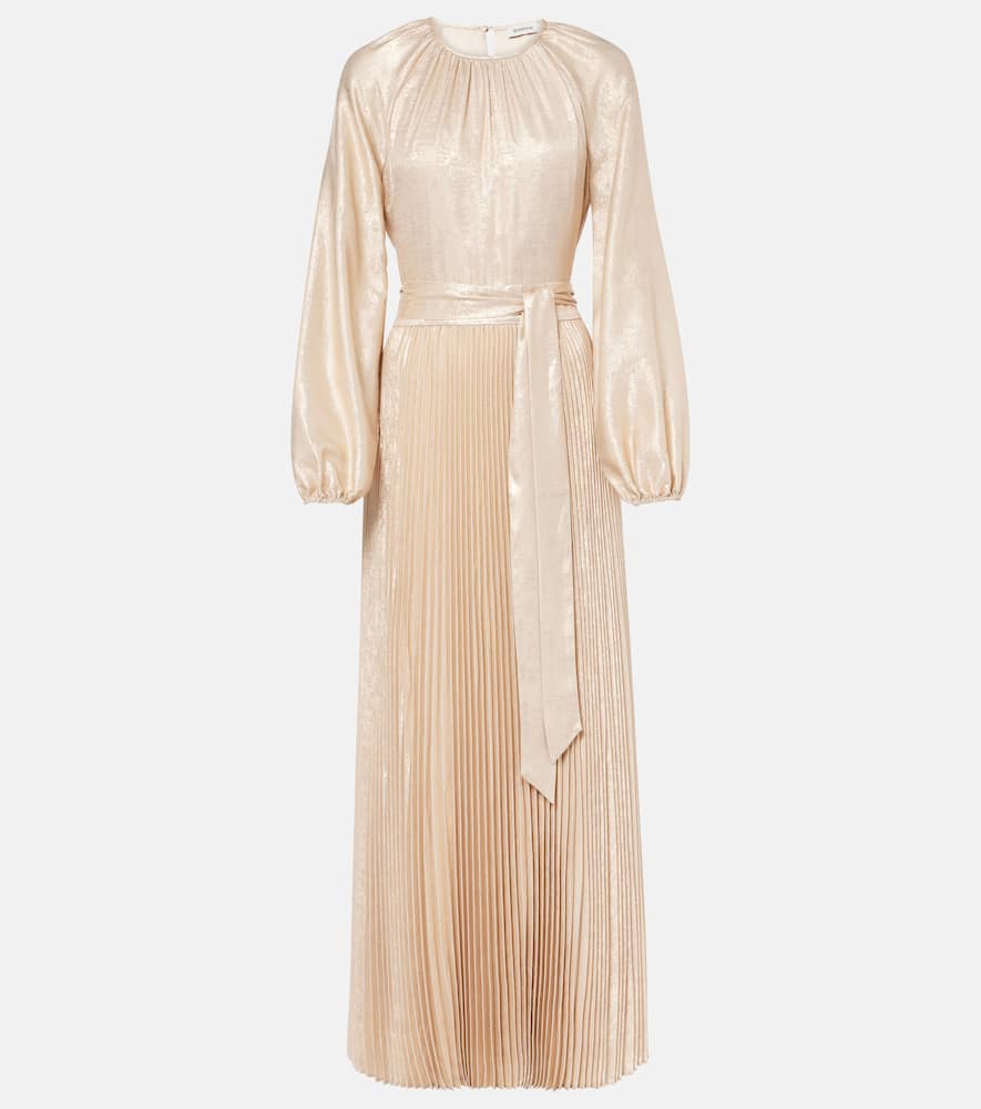 Simkhai Varenya Belted Pleated Metallic Lamé Maxi Dress In Metallic