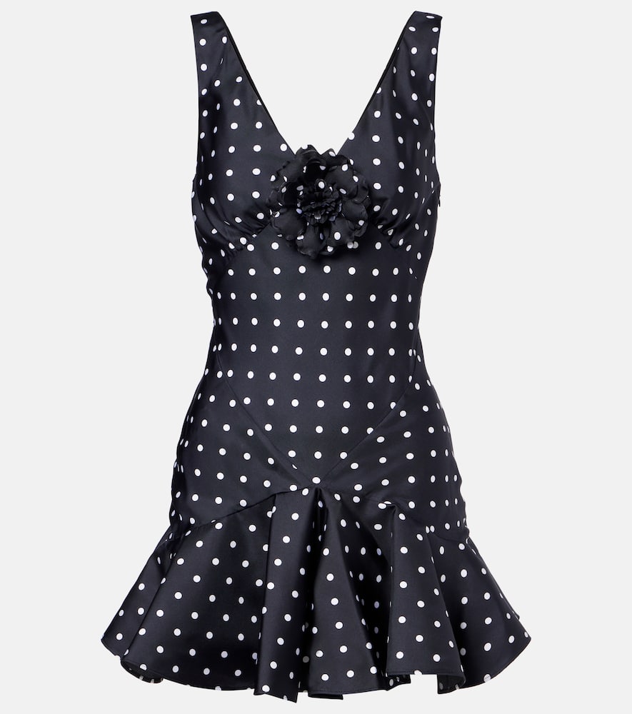 Rodarte Flower-detailed Polka-dot Silk-twill Mini Dress In Black